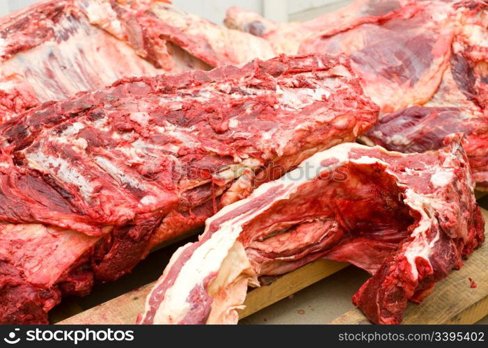 some parts of cut fresh beef carcass