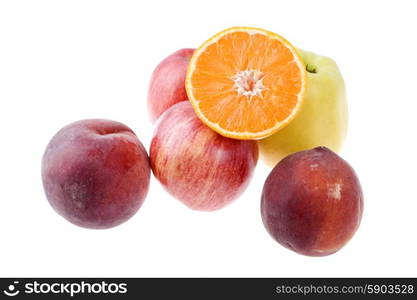 some peaches, a orange and an apple, isolated on white