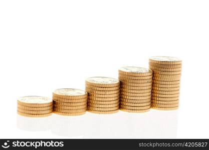 some piles of coins on white background ?