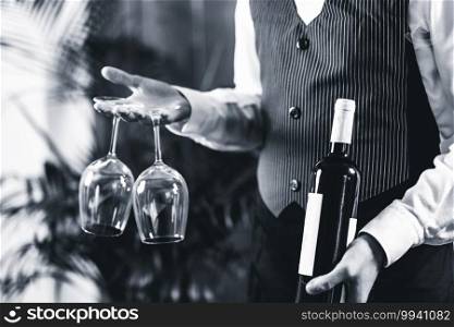 Sommelier holding wine bottle and wine glasses 