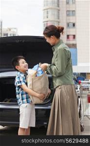 Son and mother with shopping bag in front of the car