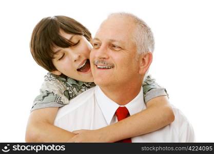 Son giving his father a hug. Isolated on white background.
