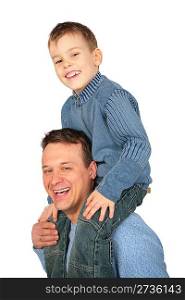 son sits on father`s shoulders, view from side