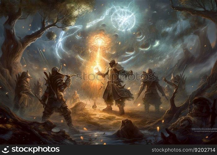 Sorcerer magic battle casting spell against demon. distinct generative AI image.. Sorcerer magic battle casting spell against demon