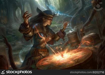 Sorcerer magic battle casting spell against demon. distinct generative AI image.. Sorcerer magic battle casting spell against demon