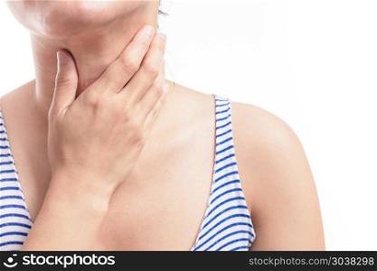 Sore throat pain women. Woman hand touching neck with sore throa. Sore throat pain women. Woman hand touching neck with sore throat feeling bad. Healthcare and medicine concept