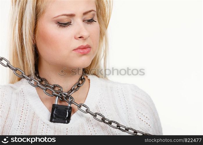 Sore throat, tonsillitis, health problems, lack of freedom concept. Woman having metal chain around neck. Woman having metal chain around neck
