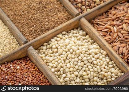 sorghum and other gluten free grains in a wooden rustic box