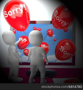 Sorry Balloons From Computer Showing Online Apology Or Remorse. Sorry Balloons From Computer Show Online Apology 3d Rendering