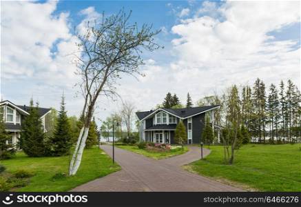 "SORTAVALA, RUSSIA - JUNE 10, 2017: Park-hotel "Dachawintera" Landscape with a cottage in the park"
