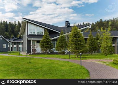 "SORTAVALA, RUSSIA - JUNE 10, 2017: Park-hotel "Dachawintera" Landscape with a cottage in the park"