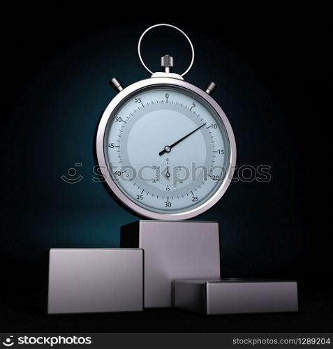 sotpwatch onto a metal podium, image with black background and blue tones. best time, concept of time and speed