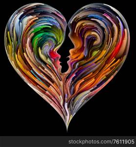 Soul Mates series. Male and female face silhouettes integrated into heart shape symbol with brushstrokes of digital paint. Illustration on subject of love, romance, marriage and family.