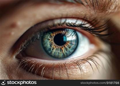 Soulful close-up of a young woman’s eye in stunning blue color. Macro view of the pupil and iris with focus on the gorgeous lashes. Perfect for mood and emotion photography. AI Generative.