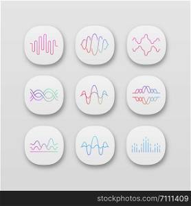 Sound and audio waves app icons set. UI/UX user interface. Voice recording, radio signal waveform. Digital soundwaves. Melody amplitudes levels. Web, mobile applications. Vector isolated illustrations