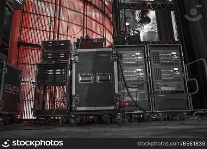 sound equipment at the concert. television shooting. black and white photography.