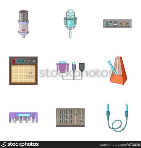 Sound studio equipment icons set. Cartoon set of 9 sound studio equipment vector icons for web isolated on white background. Sound studio equipment icons set, cartoon style