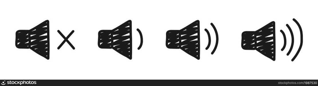 Sound volume icon. Volume level. Icon drawn by hand. Music, sound or audio concept. Vector illustration