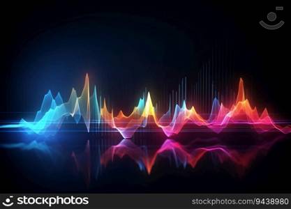 Sound wave. Neon light abstract background with ultraviolet spectrum wave on dark background. Synthwave music equalizer danced to the rhythm. Music and energy in abstract background. Generative AI.