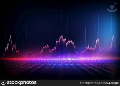 Sound wave. Neon light abstract background with ultraviolet spectrum wave on dark background. Synthwave music equalizer danced to the rhythm. Music and energy in abstract background. Generative AI.