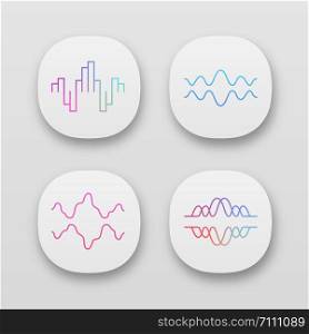 Sound waves app icons set. UI/UX user interface. Audio, music, radio signal waves. Vibration, motion line. Digital curve soundwaves frequency. Web or mobile applications. Vector isolated illustrations