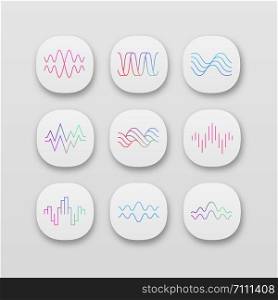 Sound waves app icons set. UI/UX user interface. Music rhythm, heart pulse. Audio waves logotype. Digital waveforms, abstract soundwaves. Web or mobile applications. Vector isolated illustrations