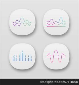 Sound waves app icons set. UI/UX user interface. Noise, vibration frequency. Volume, equalizer level wavy lines. Music waves, rhythm. Web or mobile applications. Vector isolated illustrations