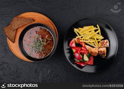 soup, chicken skewers and top view
