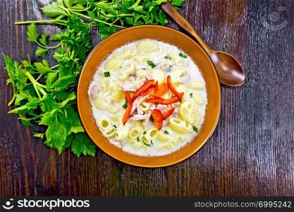 Soup from chicken meat, pasta with cream and sweet pepper, parsley and cilantro in a clay plate on the background of a dark wooden board on top