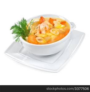 Soup from seafood on a white background