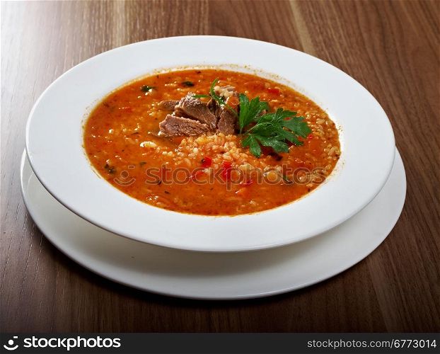 Soup Kharcho, traditional Georgian soup with meat and rice
