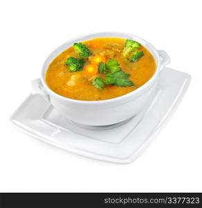 Soup of mashed potatoes with vegetables on a white background