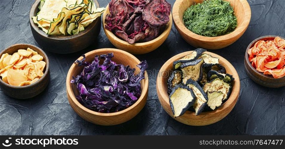 Soup set of dried vegetables.Dried carrots,cabbage,garlic,herbs and zucchini. Dried vegetable mix
