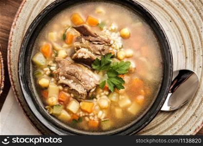 Soup with beef, chickpea and vegetables, top view