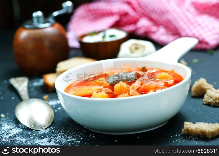 soup with beet and other vegetables, fresh soup in bowl