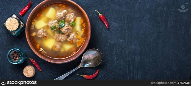 Soup with meat balls. Traditional Russian soup with meatballs and red pepper.Copy space