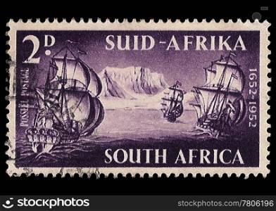 SOUTH AFRICA - CIRCA 1952: A stamp Printed in South Africa shows the 3 ships the founder of western society in SA arrived in at Cape of Good Hope 1652, commemorate 300 anniversary 1652-1952, circa 1952