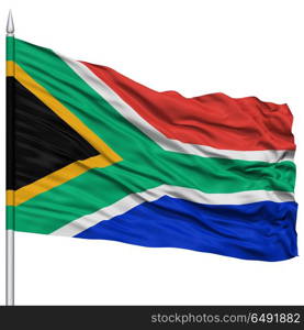 South Africa Flag on Flagpole , Flying in the Wind, Isolated on White Background