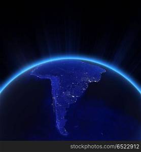South America city lights at night 3d rendering. South America city lights at night. Elements of this image furnished by NASA 3d rendering. South America city lights at night 3d rendering