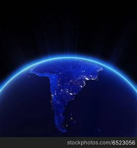 South America city lights at night 3d rendering. South America city lights at night. Elements of this image furnished by NASA 3d rendering. South America city lights at night 3d rendering