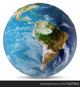 South America white isolated. Elements of this image furnished by NASA. 3d rendering. South America white isolated