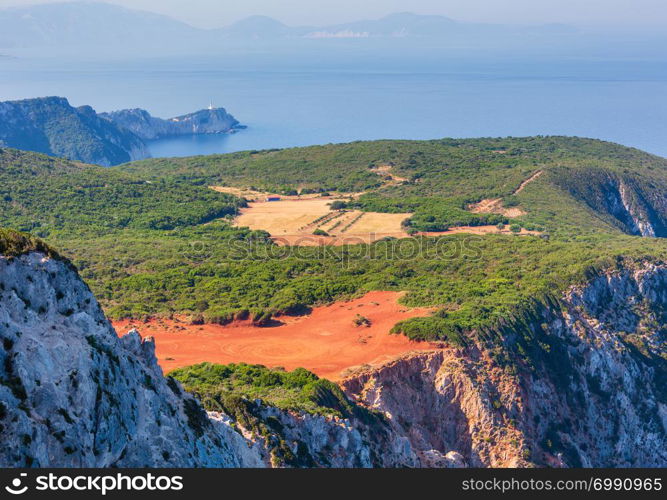 South cape of Lefkas island and lighthouse (Lefkada, Greece, Ionian Sea). View from up.