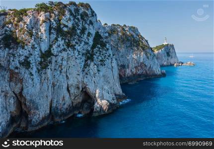 South cape of Lefkas island and lighthouse (Lefkada, Greece, Ionian Sea). View from up.