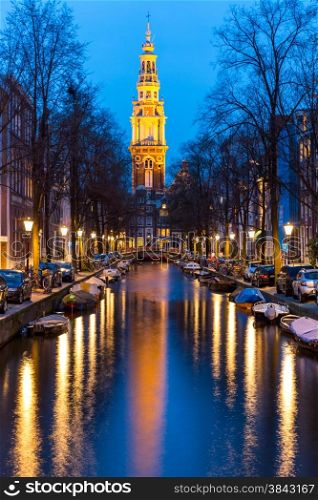 South Church Zuiderkerk and Amsterdam Canals at dusk Natherland
