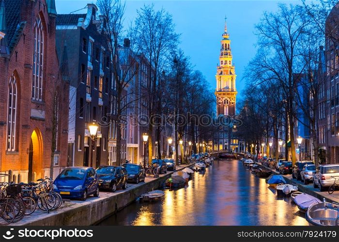South Church Zuiderkerk and Amsterdam Canals at dusk Natherland
