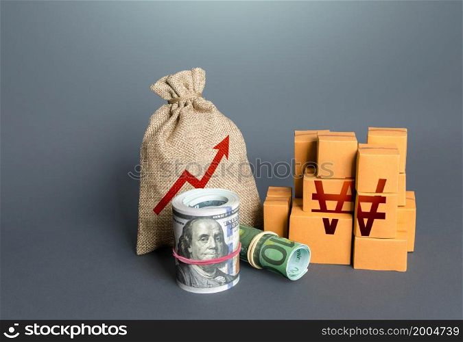 South korean won symbol with goods and an arrow up. Growing profits. High sales. Import export. Increase in budget revenues. Economy growth. Increasing consumption, trade balance.
