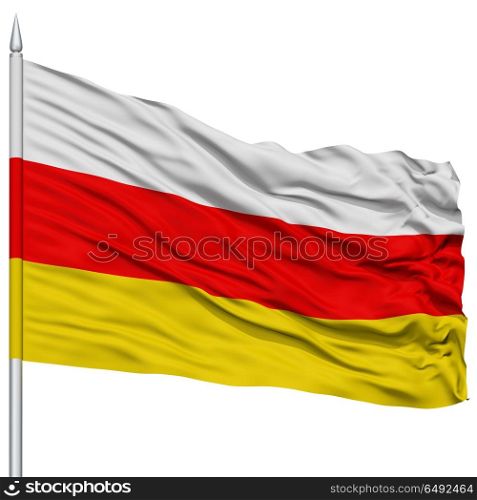 South Ossetia Flag on Flagpole , Flying in the Wind, Isolated on White Background