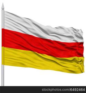 South Ossetia Flag on Flagpole , Flying in the Wind, Isolated on White Background