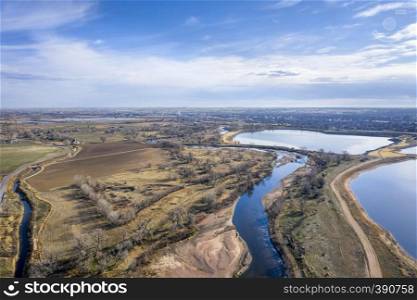 South Platte River above Brighton, Colorado - aerial view with early spring scenery