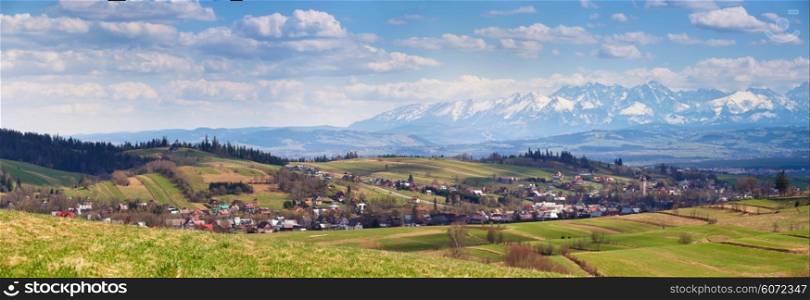 South Poland Panorama with snowy Tatra mountains in spring